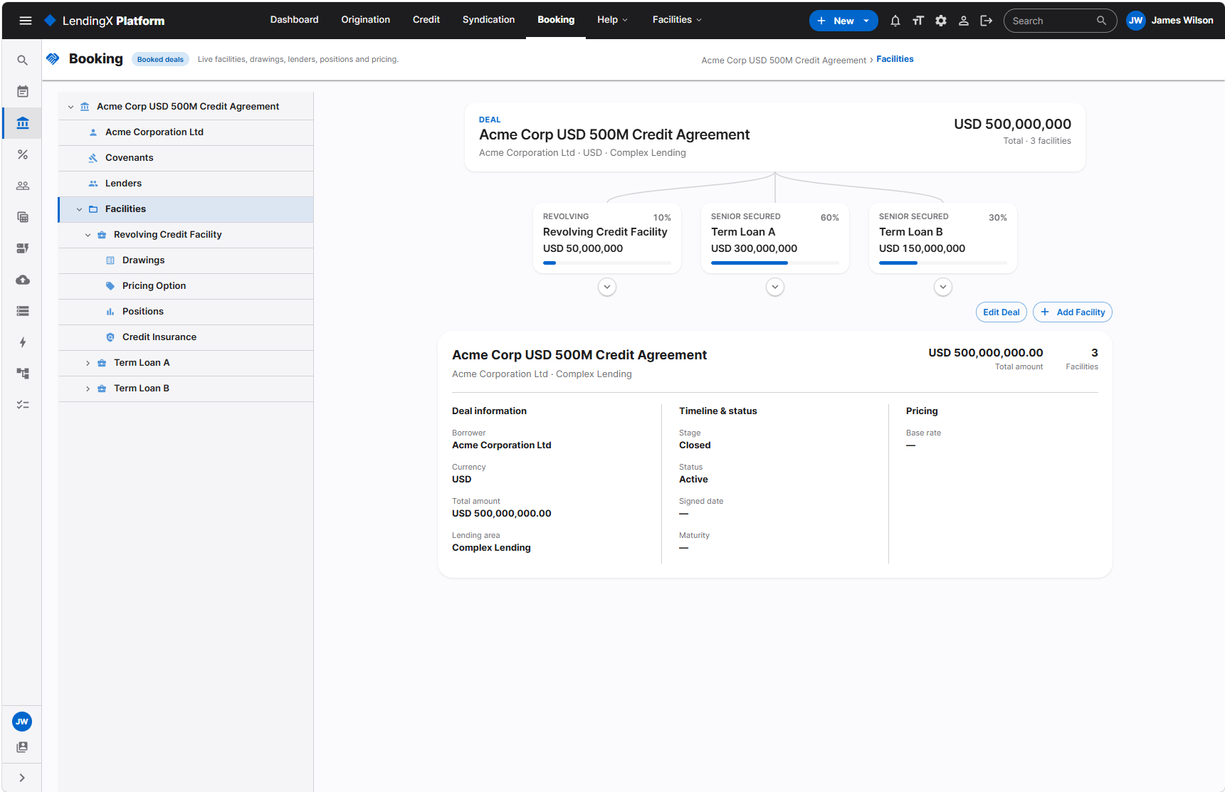 LendingX Booking screen - the live facility dealtree for the Acme Corp USD 500M credit agreement, showing the facility structure, drawings, positions and pricing.