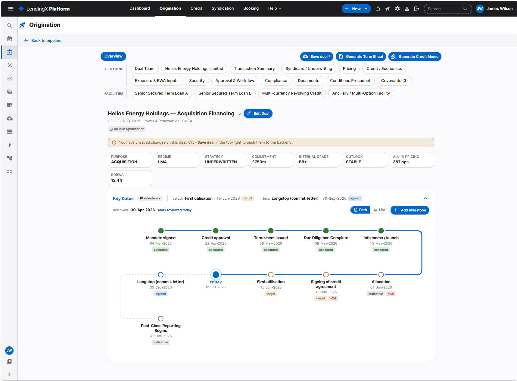 LendingX Origination screen - the deal workspace, sections, facilities, deal economics and the milestone timeline.